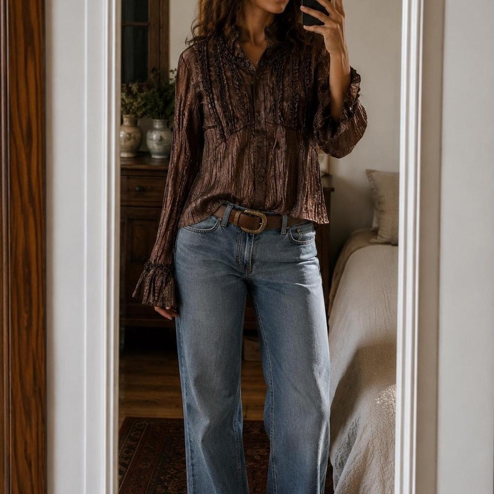 Ness Brown Metallic Crinkle Blouse Ruffle Flare Sleeve Women S Dark Academia Y2K